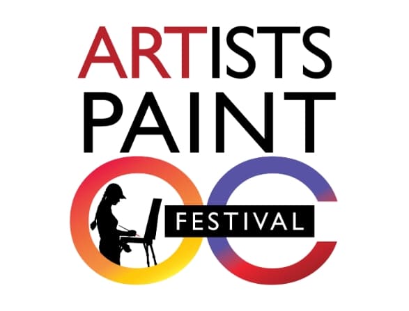 Logo for Artists Paint Festival; the title sits above two interlocking colored rings, with a painter silhouette inside the left ring and a black 'FESTIVAL' banner across the center.
