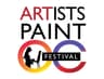 Logo for Artists Paint Festival; the title sits above two interlocking colored rings, with a painter silhouette inside the left ring and a black 'FESTIVAL' banner across the center.