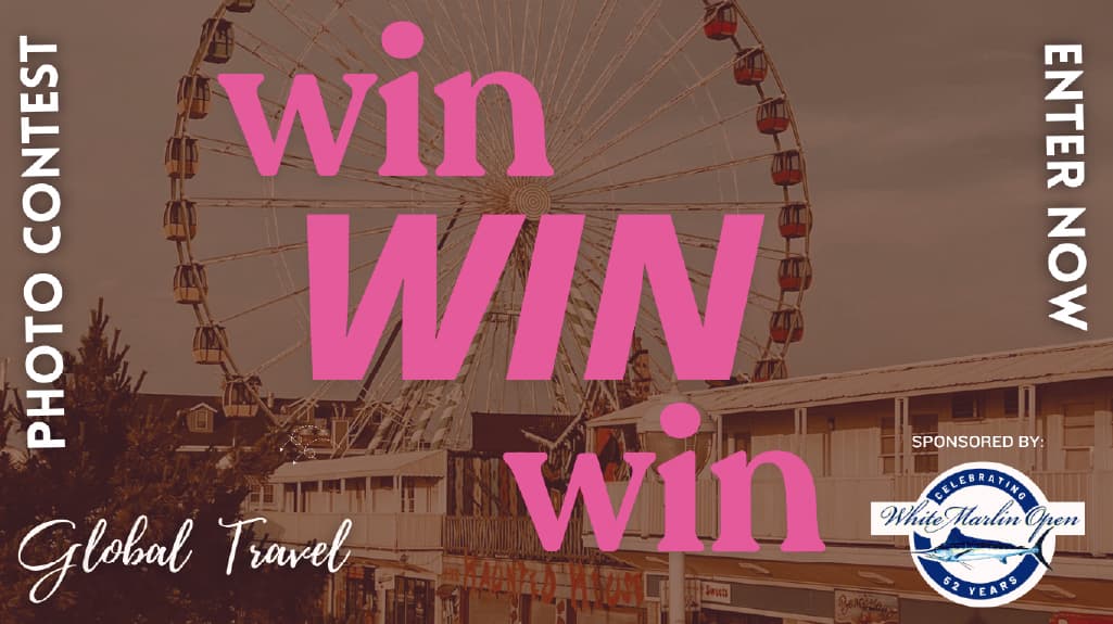 Promo banner for a travel photo contest with a ferris wheel and bold pink 'win win' text, showing 'Photo Contest' and 'Enter Now'.