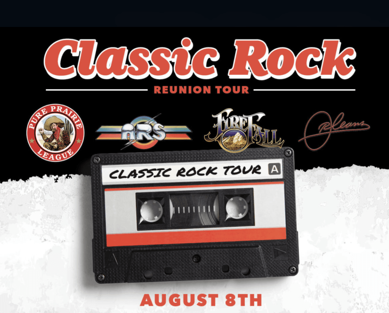 Poster for a Classic Rock Reunion Tour with a large red 'Classic Rock' title, band logos, and a retro cassette tape image; date at bottom reads August 8th.