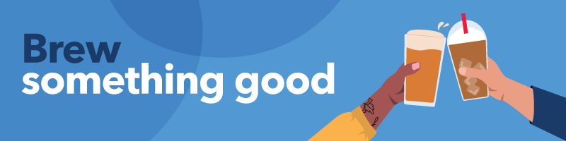 Blue banner with the phrase 'Brew something good' and two hands toasting with beer glasses against a blue background.