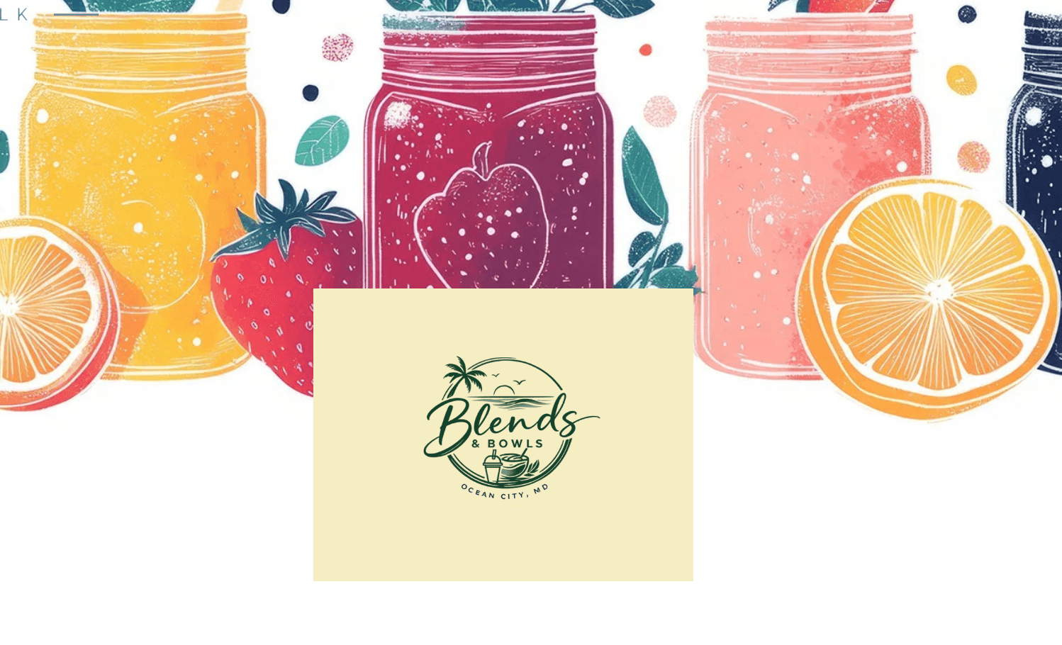 Vibrant illustration of colorful juice jars and fruits with a beige card featuring the Blends & Bowls logo.